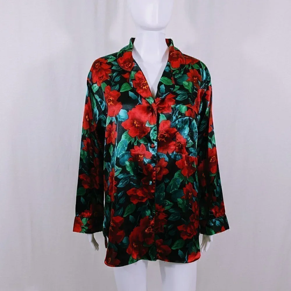 Vintage Gold Label Victoria's Secret Green & Red Floral Pajama Top Size S